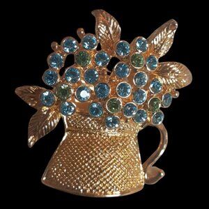 Vintage Blue & Green Rhinestone Flower Pot Gold Tone Brooch